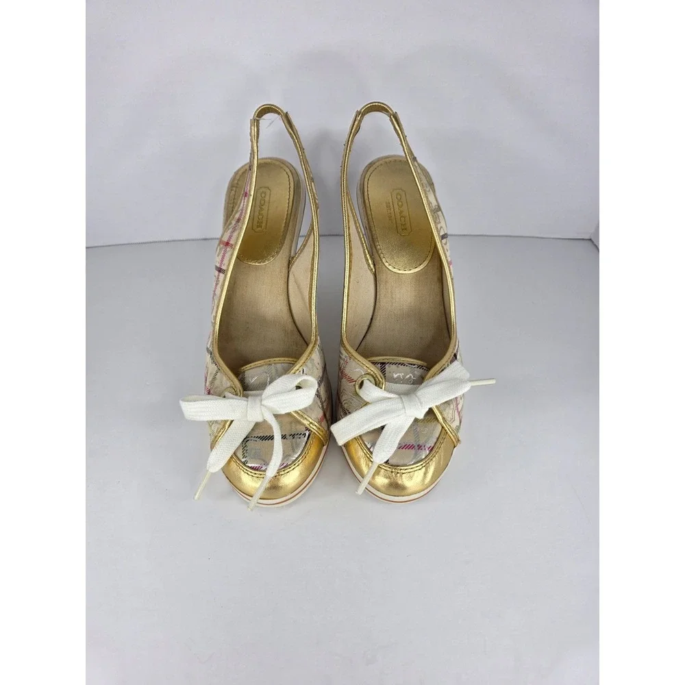 Coach Emilanna Wedge Sandals Womens 8.5B  Multi Plaid Canvas Gold Slingback